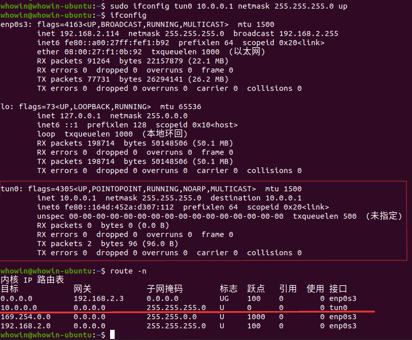 screenshot of setting up tun0 device